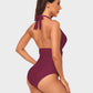 Stylish Halter Neck Deep V Ruched One-Piece Swimsuit - Flattering Beachwear