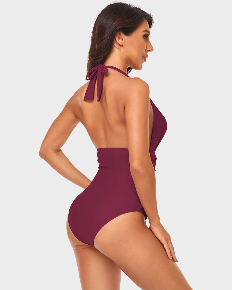 Stylish Halter Neck Deep V Ruched One-Piece Swimsuit - Flattering Beachwear