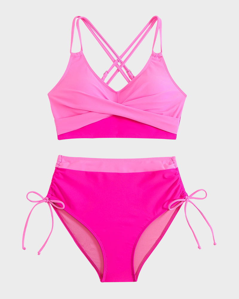 Chic Color-Block Drawstring Cross-Back Bikini Set - Supportive & Flattering Swimwear