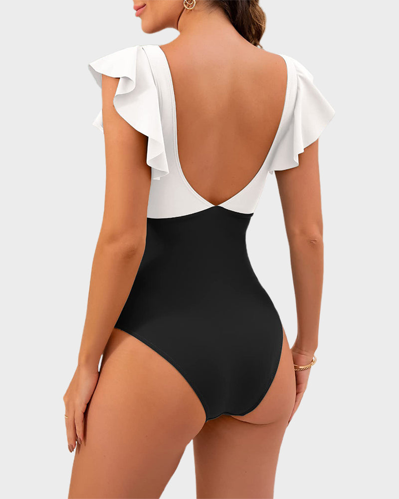 Elegant Ruffle Sleeve Cut-Out Ruched One-Piece Swimsuit for Women