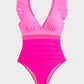 Deep V Ruffled Sleeve Mesh Panel Ruched One-Piece Swimsuit for Women