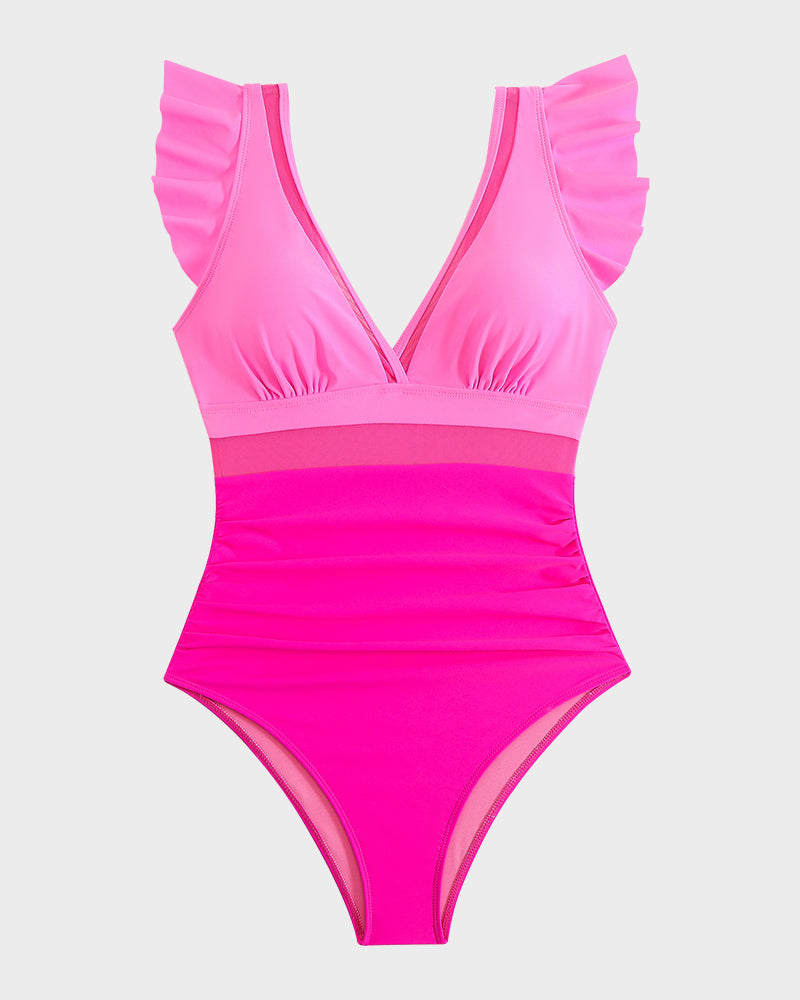 Deep V Ruffled Sleeve Mesh Panel Ruched One-Piece Swimsuit for Women