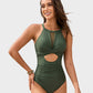 Women's Stylish Round Neck Cut-Out Mesh Panel Ruched One-Piece Swimsuit