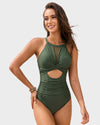Women's Stylish Round Neck Cut-Out Mesh Panel Ruched One-Piece Swimsuit