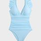 Deep V Ruffled Sleeve Mesh Panel Ruched One-Piece Swimsuit for Women