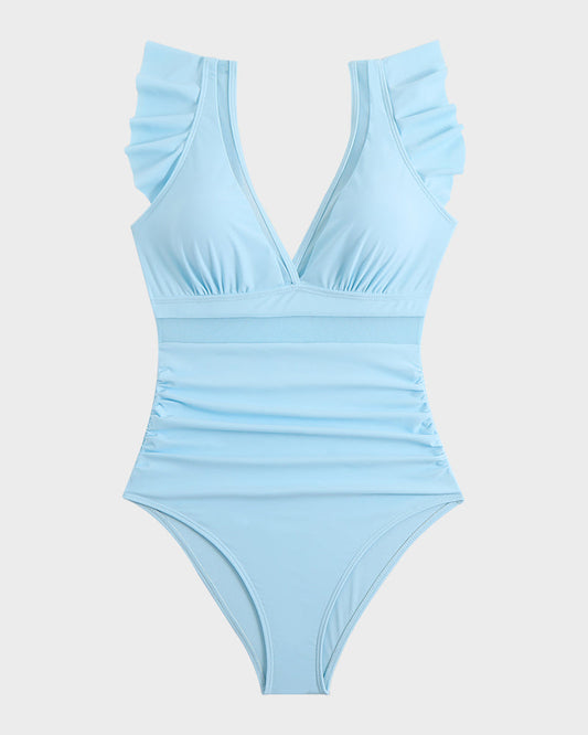 Deep V Ruffled Sleeve Mesh Panel Ruched One-Piece Swimsuit for Women