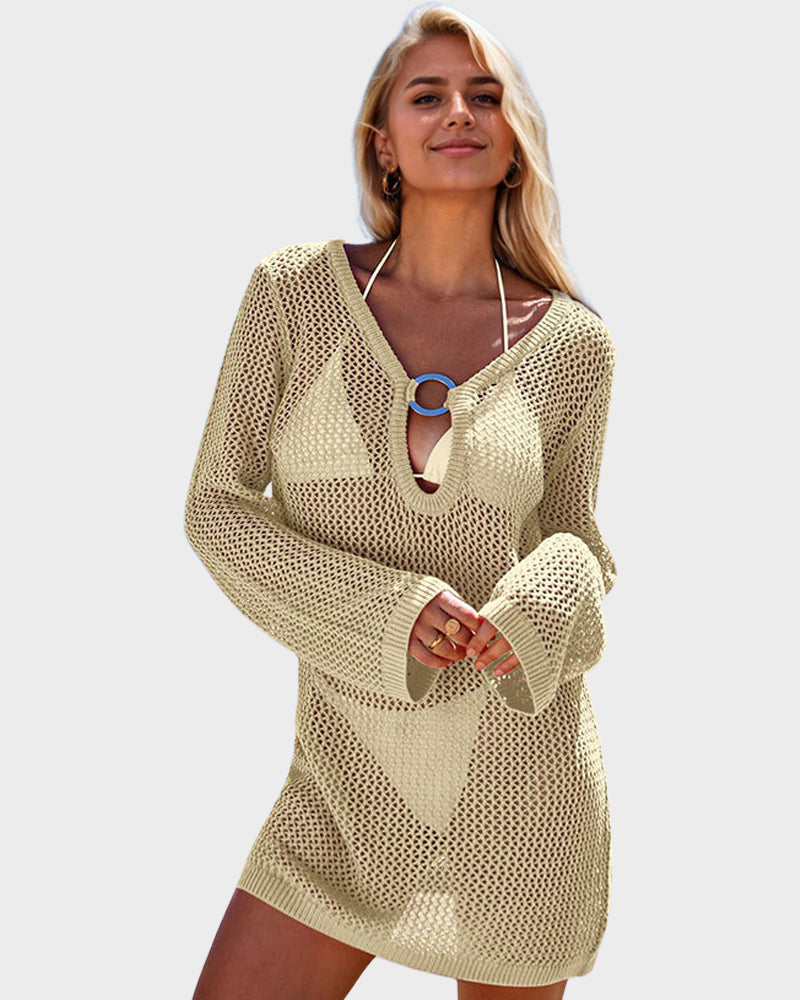 Chic Deep Plunge Crochet Long Sleeve Beach Cover Up Dress