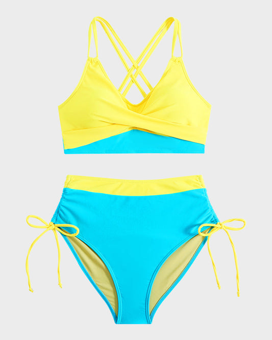 Chic Color-Block Drawstring Cross-Back Bikini Set - Supportive & Flattering Swimwear