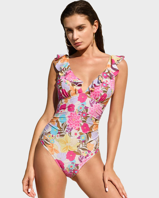 Chic Deep V Ruffled Floral Lace-Up One-Piece Swimsuit for Women