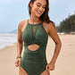Women's Stylish Round Neck Cut-Out Mesh Panel Ruched One-Piece Swimsuit