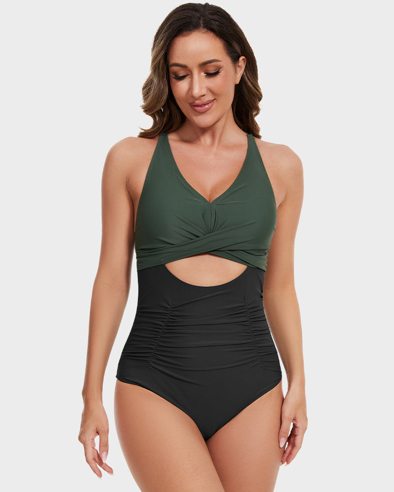 Stylish Push Up Tummy Control One-Piece Swimsuit V-Neck Adjustable Straps Ruched Front