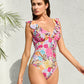Chic Deep V Ruffled Floral Lace-Up One-Piece Swimsuit for Women