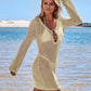 Chic Deep Plunge Crochet Long Sleeve Beach Cover Up Dress