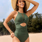 Women's Stylish Round Neck Cut-Out Mesh Panel Ruched One-Piece Swimsuit