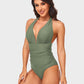 Stylish Halter Neck Deep V Ruched One-Piece Swimsuit - Flattering Beachwear