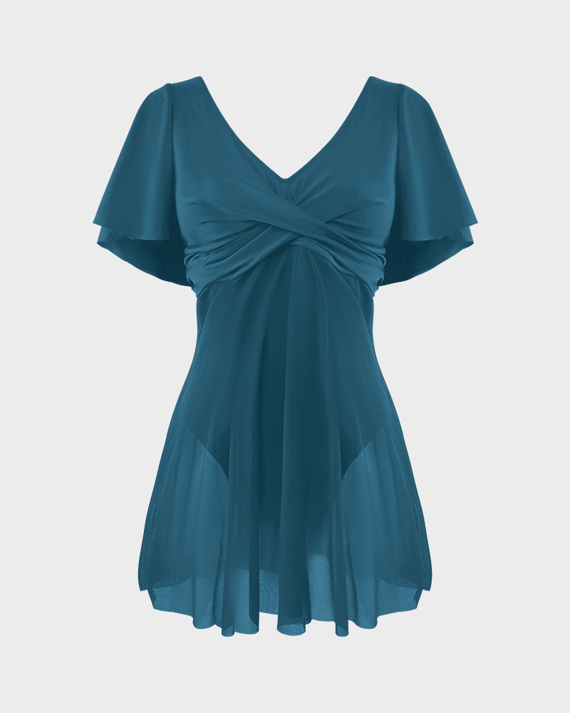 Chic Plus Size Full Coverage Ruffle Swimdress with Built-in Shorts for Women