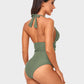 Stylish Halter Neck Deep V Ruched One-Piece Swimsuit - Flattering Beachwear
