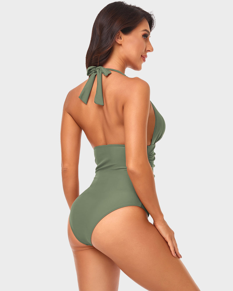 Stylish Halter Neck Deep V Ruched One-Piece Swimsuit - Flattering Beachwear