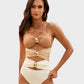 Glamorous Gold Beads Cut-Out Ruched One-Piece Swimsuit for Women, Elegant Beachwear