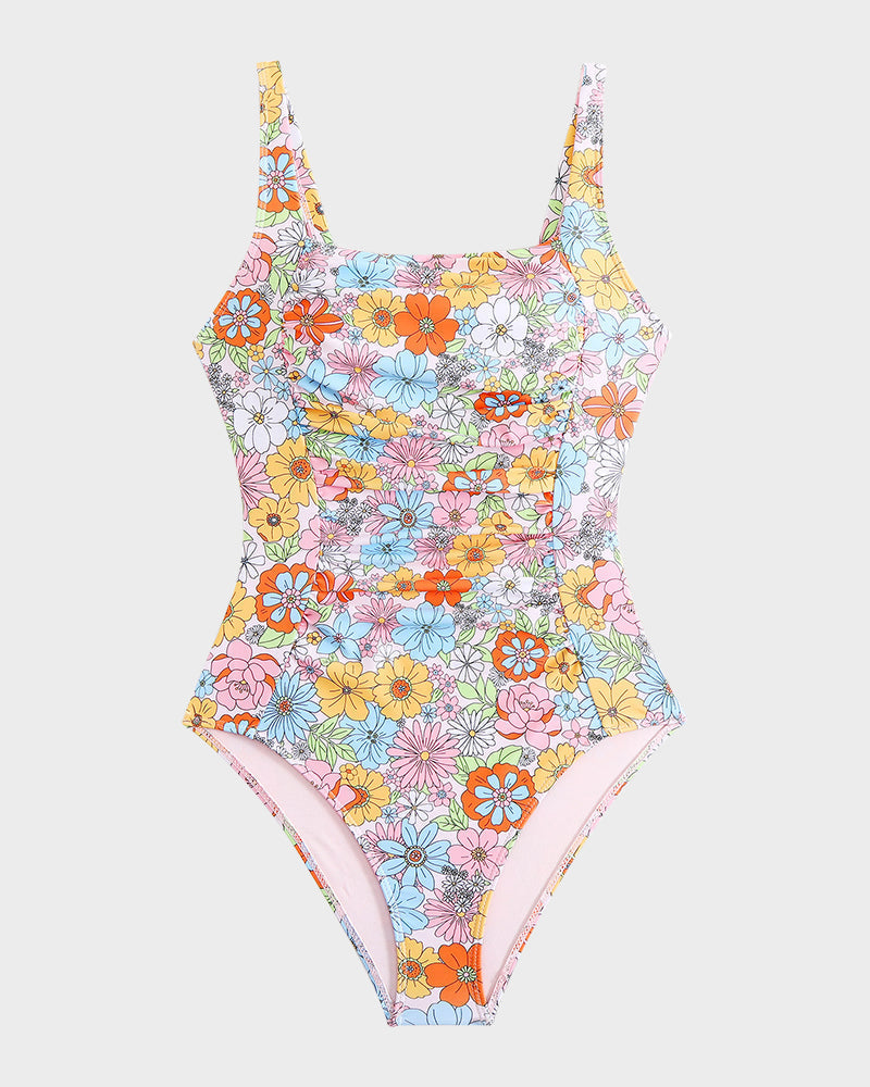 Flattering Square Neck Ruched One-Piece Swimsuit for Women, Comfortable Stretch Fabric