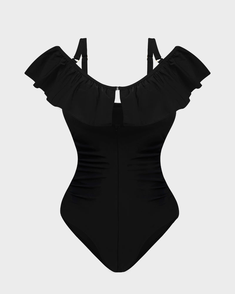 Chic Drop-Shoulder Ruffled Zip-Front One-Piece Shapewear Swimsuit for Women