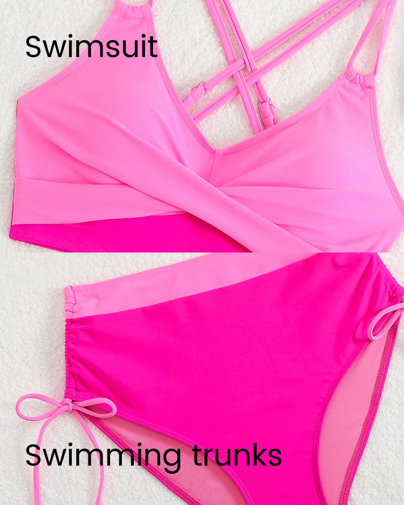 Chic Color-Block Drawstring Cross-Back Bikini Set - Supportive & Flattering Swimwear
