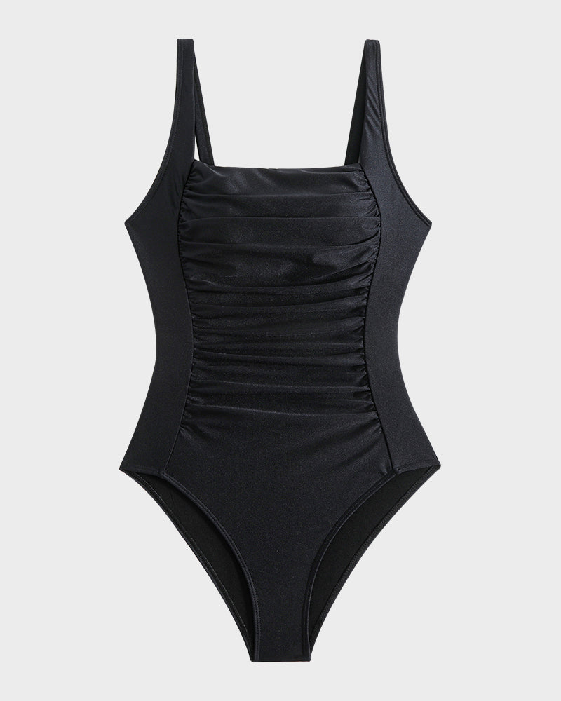 Flattering Square Neck Ruched One-Piece Swimsuit for Women, Comfortable Stretch Fabric