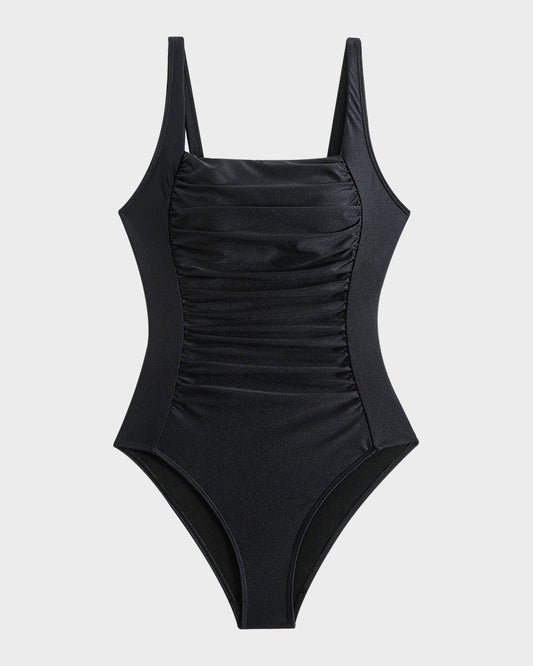 Flattering Square Neck Ruched One-Piece Swimsuit for Women, Comfortable Stretch Fabric
