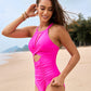 Women's Stylish Round Neck Cut-Out Mesh Panel Ruched One-Piece Swimsuit