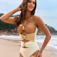 Glamorous Gold Beads Cut-Out Ruched One-Piece Swimsuit for Women, Elegant Beachwear