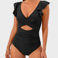 Elegant Ruffle Sleeve Cut-Out Ruched One-Piece Swimsuit for Women