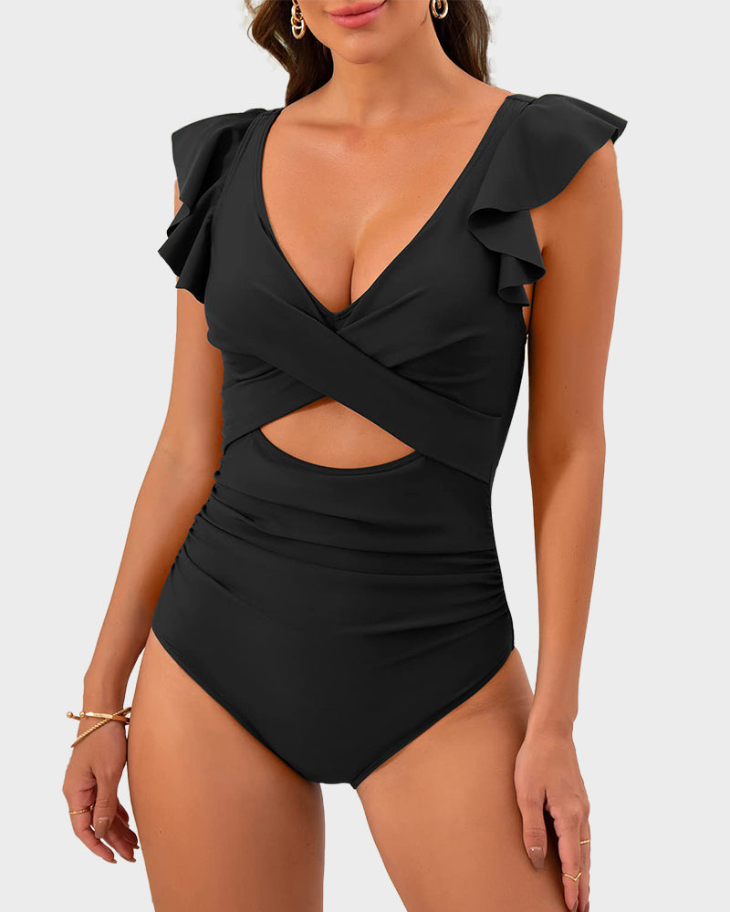 Elegant Ruffle Sleeve Cut-Out Ruched One-Piece Swimsuit for Women