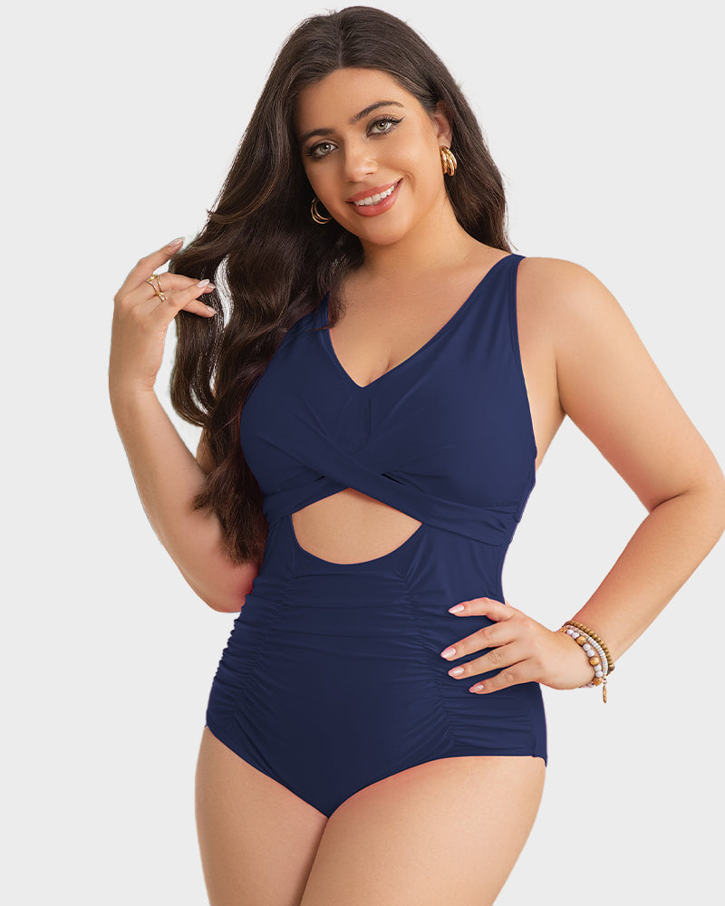 Stylish Push Up Tummy Control One-Piece Swimsuit V-Neck Adjustable Straps Ruched Front