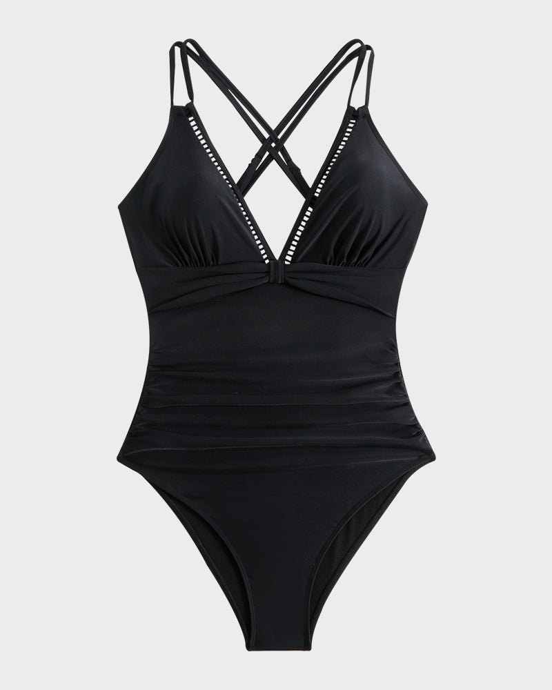Chic V-Neck Hollow Trim Knotted One-Piece Swimsuit | Flattering Beach Pool Wear
