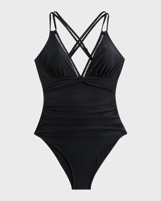 Chic V-Neck Hollow Trim Knotted One-Piece Swimsuit | Flattering Beach Pool Wear