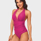 Stylish Halter Neck Deep V Ruched One-Piece Swimsuit - Flattering Beachwear