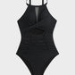 Women's Stylish Round Neck Cut-Out Mesh Panel Ruched One-Piece Swimsuit