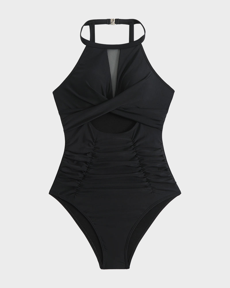 Women's Stylish Round Neck Cut-Out Mesh Panel Ruched One-Piece Swimsuit