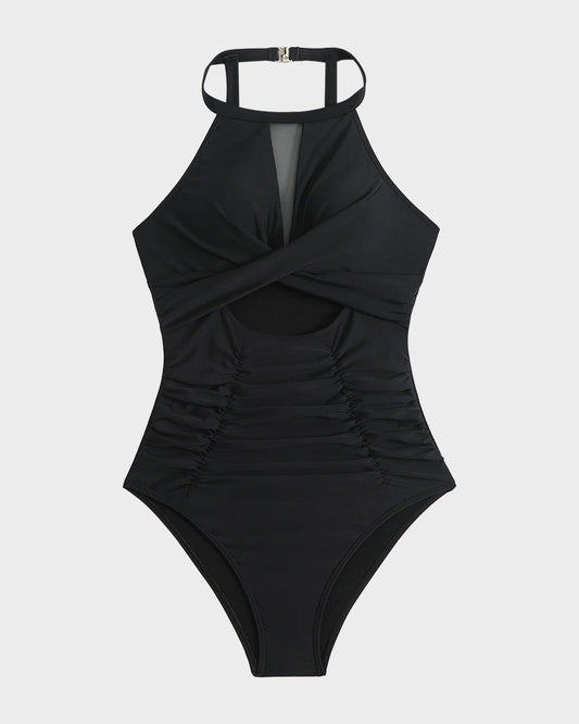 Women's Stylish Round Neck Cut-Out Mesh Panel Ruched One-Piece Swimsuit