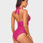 Stylish Halter Neck Deep V Ruched One-Piece Swimsuit - Flattering Beachwear
