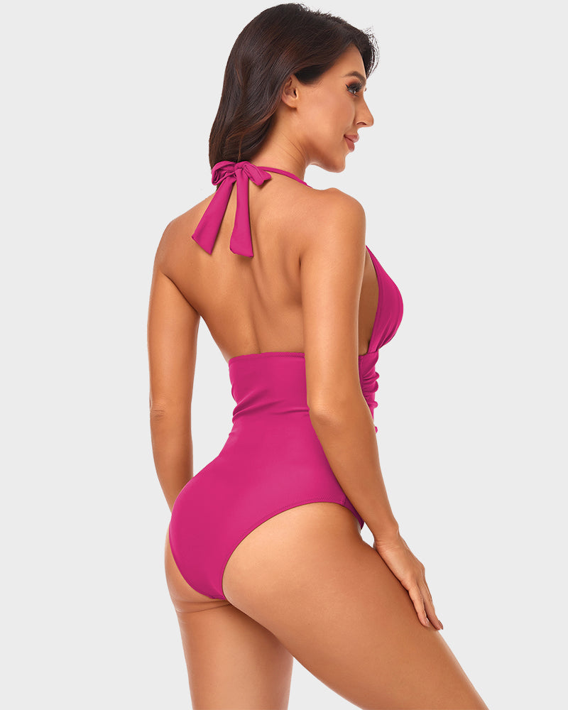 Stylish Halter Neck Deep V Ruched One-Piece Swimsuit - Flattering Beachwear