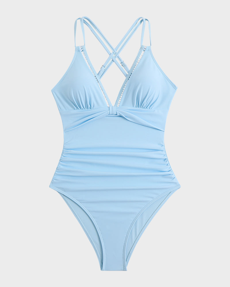Chic V-Neck Hollow Trim Knotted One-Piece Swimsuit | Flattering Beach Pool Wear
