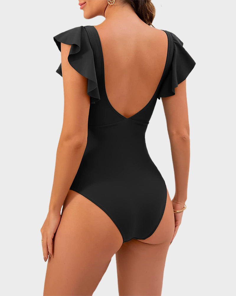 Flattering Ruffle Sleeve Cut-Out Ruched One-Piece Swimsuit for Stylish Beach Days