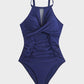 Women's Stylish Round Neck Cut-Out Mesh Panel Ruched One-Piece Swimsuit