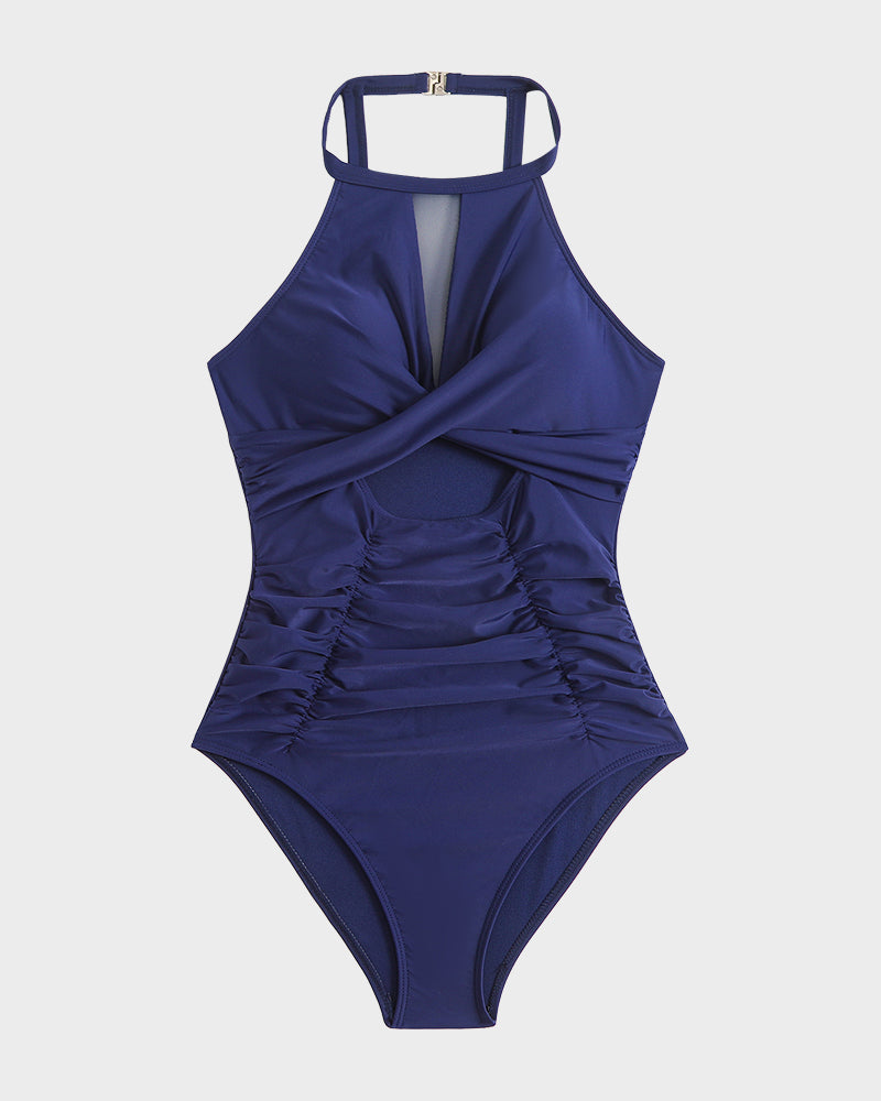 Women's Stylish Round Neck Cut-Out Mesh Panel Ruched One-Piece Swimsuit