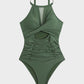 Women's Stylish Round Neck Cut-Out Mesh Panel Ruched One-Piece Swimsuit