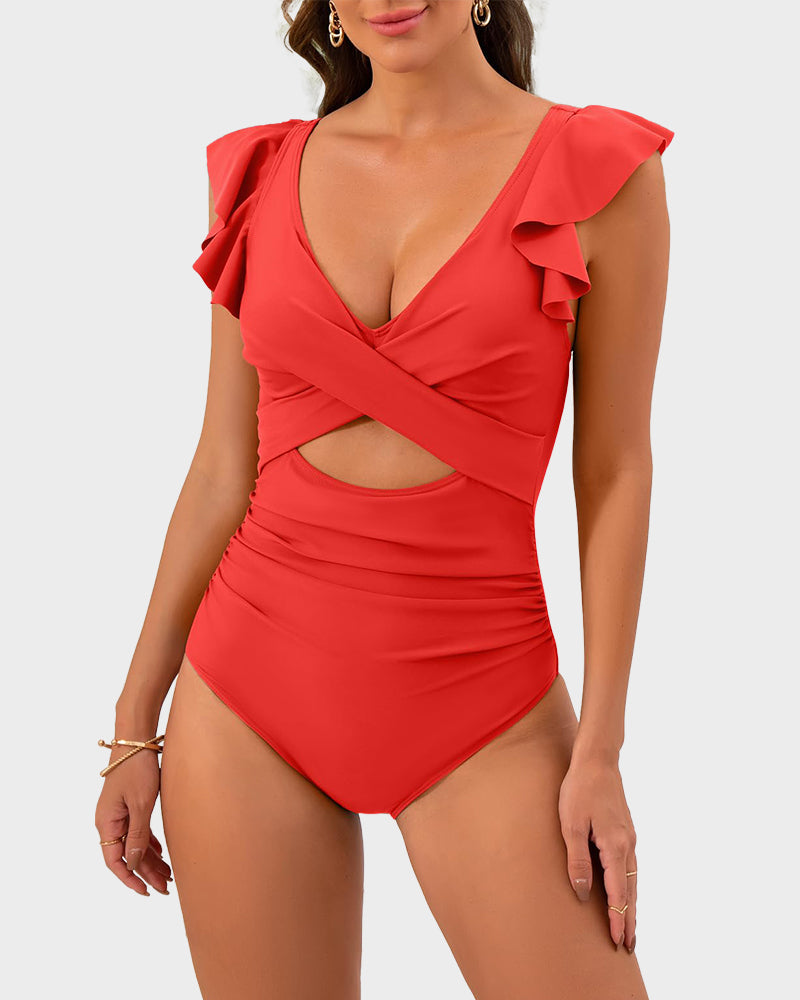Flattering Ruffle Sleeve Cut-Out Ruched One-Piece Swimsuit for Stylish Beach Days