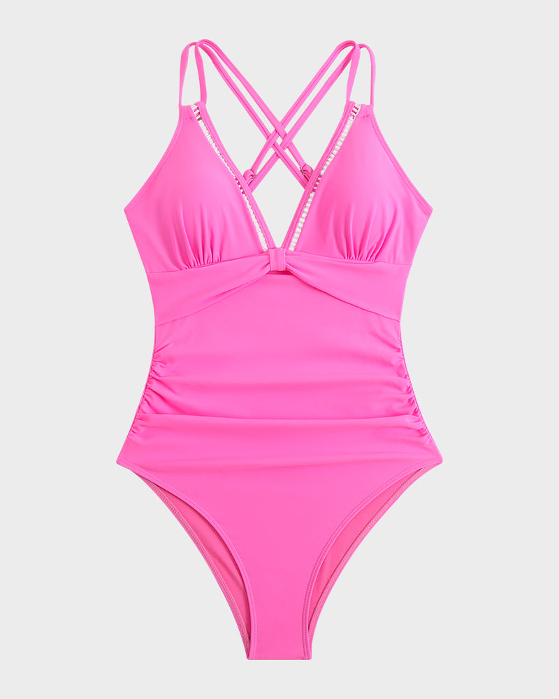 Chic V-Neck Hollow Trim Knotted One-Piece Swimsuit | Flattering Beach Pool Wear