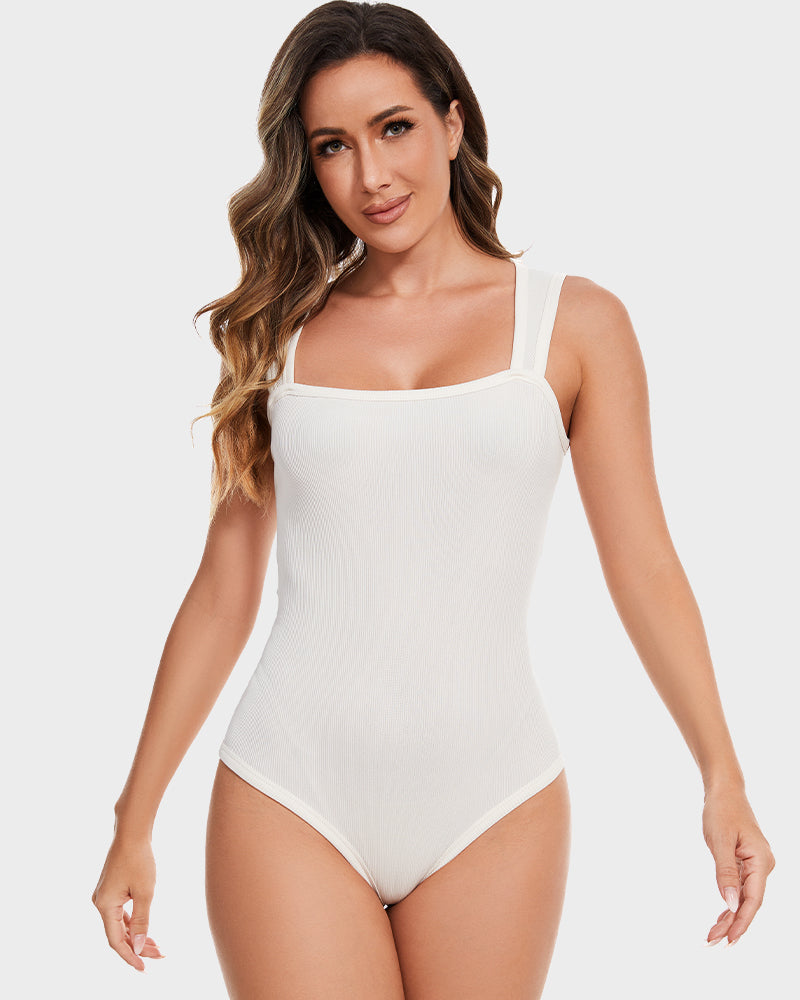 Chic Ribbed Square Neck Sleeveless Tummy Control Tank Bodysuit for Women