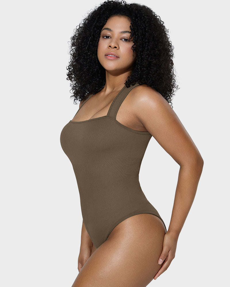 Chic Ribbed Square Neck Sleeveless Tummy Control Tank Bodysuit for Women